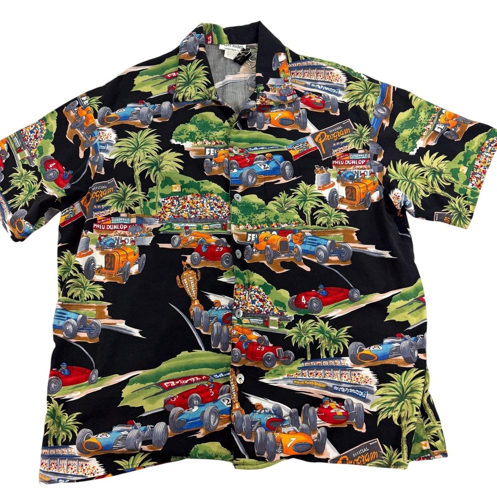 Matt Rider Shirt Mens Large Multicolor Racing Car Hawaiian Camp Short Sleeve Fun